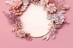 Romantic bouquet of blank floral pink blossoms with copy space. Natural floral rose frame layout concept by AI Generated photo