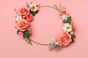 Romantic bouquet of blank floral pink blossoms with copy space. Natural floral rose frame layout concept by AI Generated photo