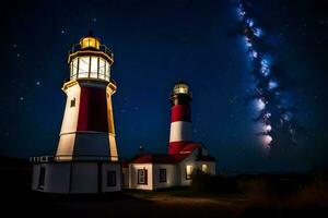 two lighthouse towers under the night sky. AI-Generated photo