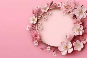 Romantic bouquet of blank floral pink blossoms with copy space. Natural floral rose frame layout concept by AI Generated photo