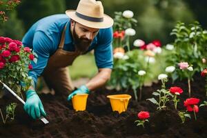 a man in a hat and overalls is planting flowers in a garden. AI-Generated photo