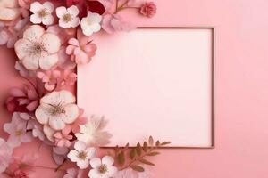 Romantic bouquet of blank floral pink blossoms with copy space. Natural floral rose frame layout concept by AI Generated photo