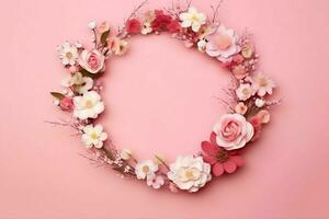 romántico ramo de flores de blanco floral rosado flores con Copiar espacio. natural floral Rosa marco diseño concepto por ai generado foto
