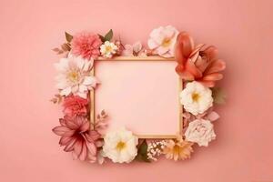 Romantic bouquet of blank floral pink blossoms with copy space. Natural floral rose frame layout concept by AI Generated photo