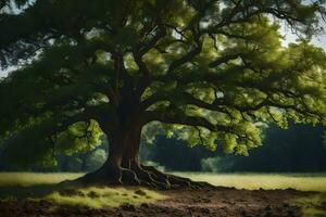 un roble árbol en un campo con césped y arboles generado por ai foto