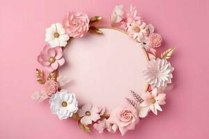 Romantic bouquet of blank floral pink blossoms with copy space. Natural floral rose frame layout concept by AI Generated photo