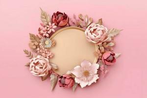 Romantic bouquet of blank floral pink blossoms with copy space. Natural floral rose frame layout concept by AI Generated photo