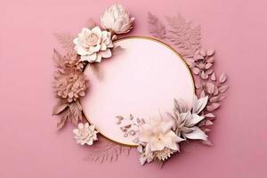 Romantic bouquet of blank floral pink blossoms with copy space. Natural floral rose frame layout concept by AI Generated photo