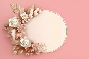 Romantic bouquet of blank floral pink blossoms with copy space. Natural floral rose frame layout concept by AI Generated photo