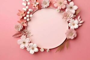 Romantic bouquet of blank floral pink blossoms with copy space. Natural floral rose frame layout concept by AI Generated photo