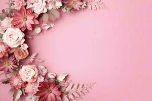 Romantic bouquet of blank floral pink blossoms with copy space. Natural floral rose frame layout concept by AI Generated photo