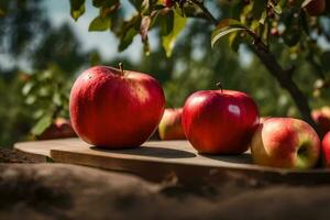 apples on a wooden board in an apple tree. AI-Generated photo