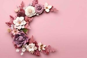 Romantic bouquet of blank floral pink blossoms with copy space. Natural floral rose frame layout concept by AI Generated photo