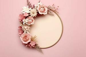 Romantic bouquet of blank floral pink blossoms with copy space. Natural floral rose frame layout concept by AI Generated photo