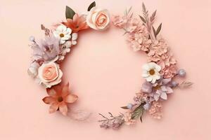 Romantic bouquet of blank floral pink blossoms with copy space. Natural floral rose frame layout concept by AI Generated photo