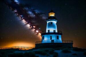 a lighthouse with a bright light shining in the sky. AI-Generated photo