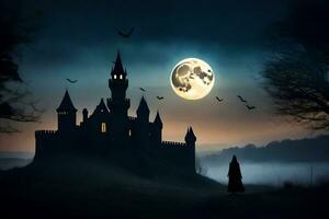 a castle in the night with bats flying around it. AI-Generated photo