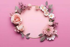 Romantic bouquet of blank floral pink blossoms with copy space. Natural floral rose frame layout concept by AI Generated photo