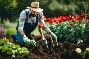 a man in a hat and overalls is digging in the garden. AI-Generated photo