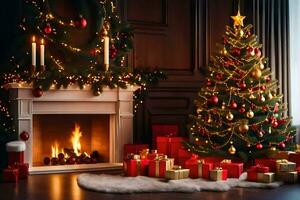 christmas tree and presents in front of fireplace. AI-Generated photo