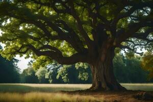 an old tree in a field with grass and trees. AI-Generated photo