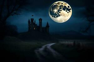 a castle in the dark with a full moon. AI-Generated photo