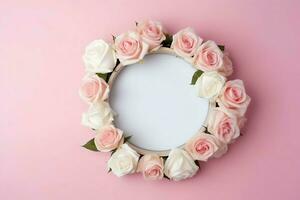 Romantic bouquet of blank floral pink blossoms with copy space. Natural floral rose frame layout concept by AI Generated photo