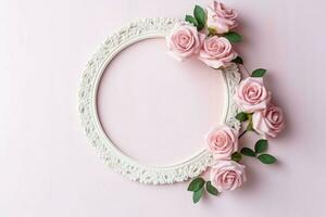 Romantic bouquet of blank floral pink blossoms with copy space. Natural floral rose frame layout concept by AI Generated photo