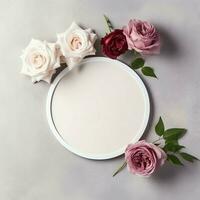 Romantic bouquet of blank floral pink blossoms with copy space. Natural floral rose frame layout concept by AI Generated photo