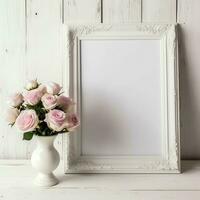 Romantic bouquet of blank floral pink blossoms with copy space. Natural floral rose frame layout concept by AI Generated photo