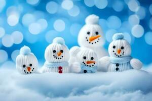 un grupo de muñecos de nieve en un monigote de nieve sombrero. generado por ai foto