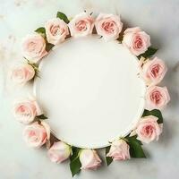 Romantic bouquet of blank floral pink blossoms with copy space. Natural floral rose frame layout concept by AI Generated photo