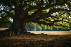 an old oak tree in the middle of a field. AI-Generated photo