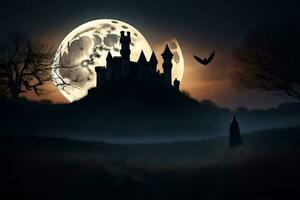 a castle in the night with a full moon. AI-Generated photo