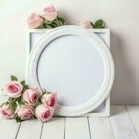 Romantic bouquet of blank floral pink blossoms with copy space. Natural floral rose frame layout concept by AI Generated photo