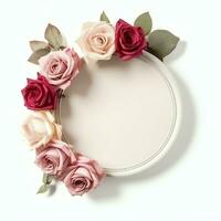 Romantic bouquet of blank floral pink blossoms with copy space. Natural floral rose frame layout concept by AI Generated photo