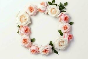 romántico ramo de flores de blanco floral rosado flores con Copiar espacio. natural floral Rosa marco diseño concepto por ai generado foto