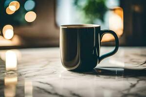 a black coffee cup on a marble counter. AI-Generated photo