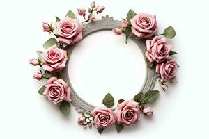 Romantic bouquet of blank floral pink blossoms with copy space. Natural floral rose frame layout concept by AI Generated photo