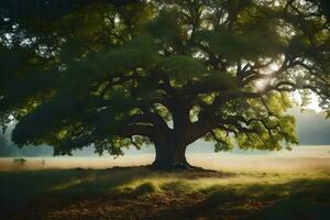 the sun shines through the leaves of an oak tree. AI-Generated photo