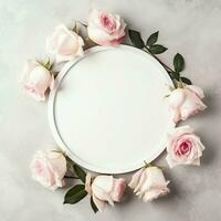 Romantic bouquet of blank floral pink blossoms with copy space. Natural floral rose frame layout concept by AI Generated photo