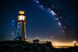 un faro es iluminado arriba a noche con estrellas en el cielo. generado por ai foto