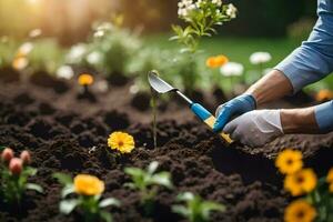 a person is using a garden tool to dig in the soil. AI-Generated photo