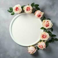 Romantic bouquet of blank floral pink blossoms with copy space. Natural floral rose frame layout concept by AI Generated photo