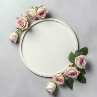 Romantic bouquet of blank floral pink blossoms with copy space. Natural floral rose frame layout concept by AI Generated photo