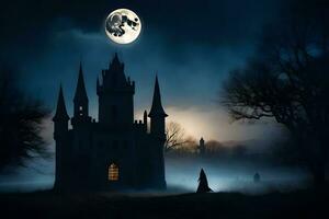 a castle in the dark with a full moon. AI-Generated photo