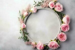 Romantic bouquet of blank floral pink blossoms with copy space. Natural floral rose frame layout concept by AI Generated photo