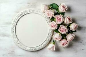 Romantic bouquet of blank floral pink blossoms with copy space. Natural floral rose frame layout concept by AI Generated photo