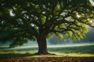 un grande árbol en el medio de un campo. generado por ai foto