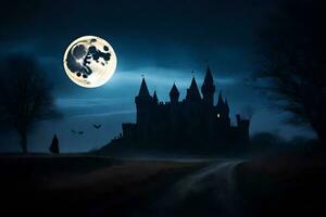 a full moon over a castle in the dark. AI-Generated photo